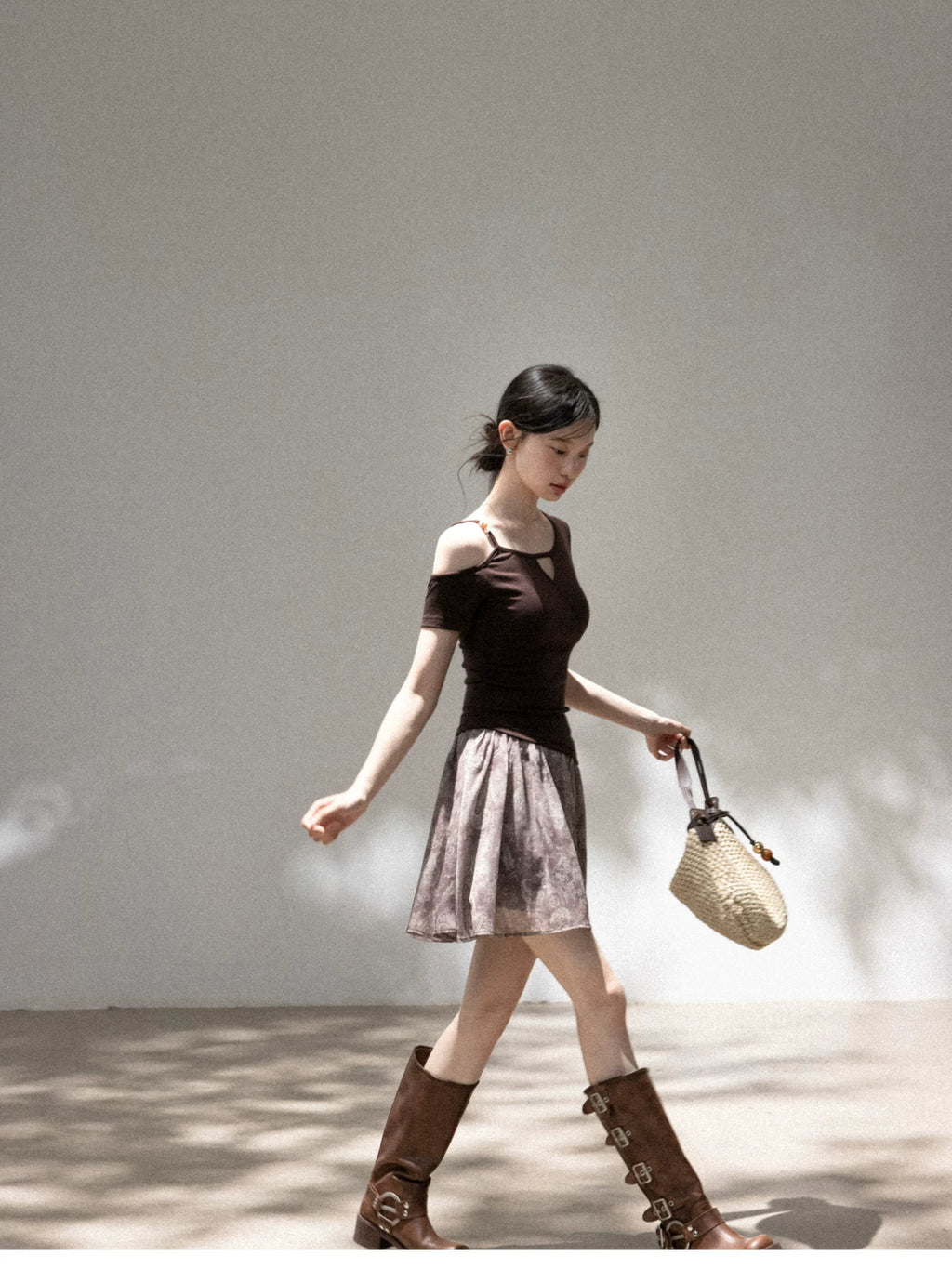 Cantonstory Slanted Shoulder Beaded Slim Tee Skirt Set