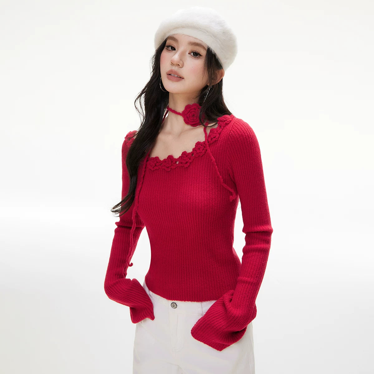 Imone U Neckline Three-dimensional Rose Decorative Long Sleeve