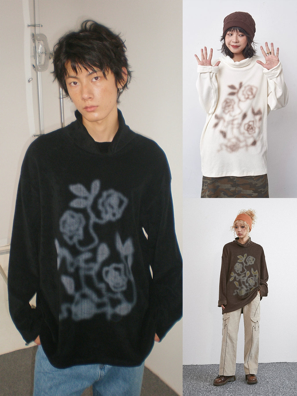 PHYS Semi-turtleneck Loose Versatile Rose Print Long Sleeve
