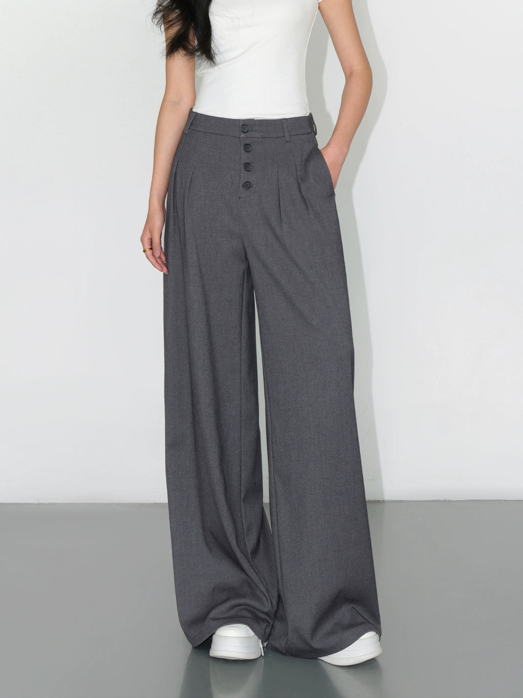 NEVA HU Casual High-waisted Drape Loose Straight Floor Pants