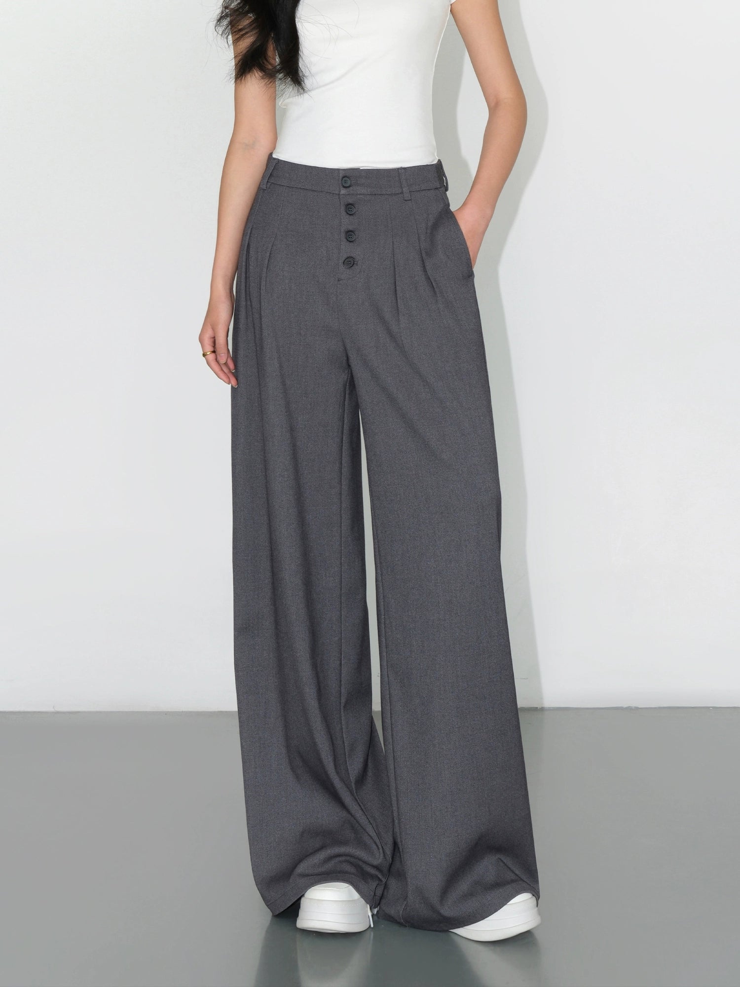 NEVA HU Casual High-waisted Drape Loose Straight Floor Pants