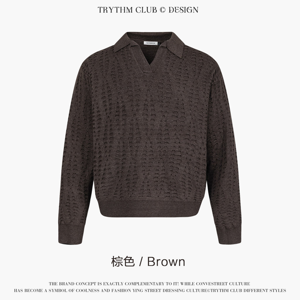 TRYTHMCLUB V-neck Lapel Ripped-knit Sweater