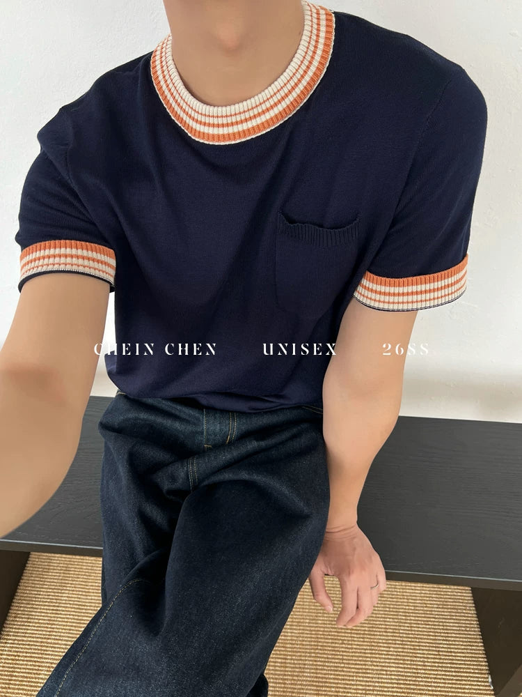 Chein Niche Contrasting Color Knitted Versatile Tee