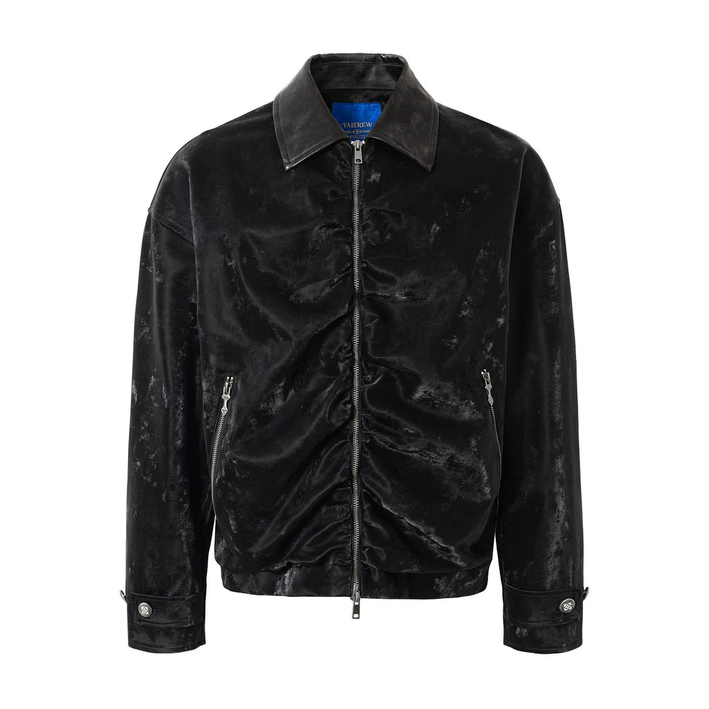 YADcrew Real Sheepskin Collar Pleated Velvet Leather Lapel Jacket