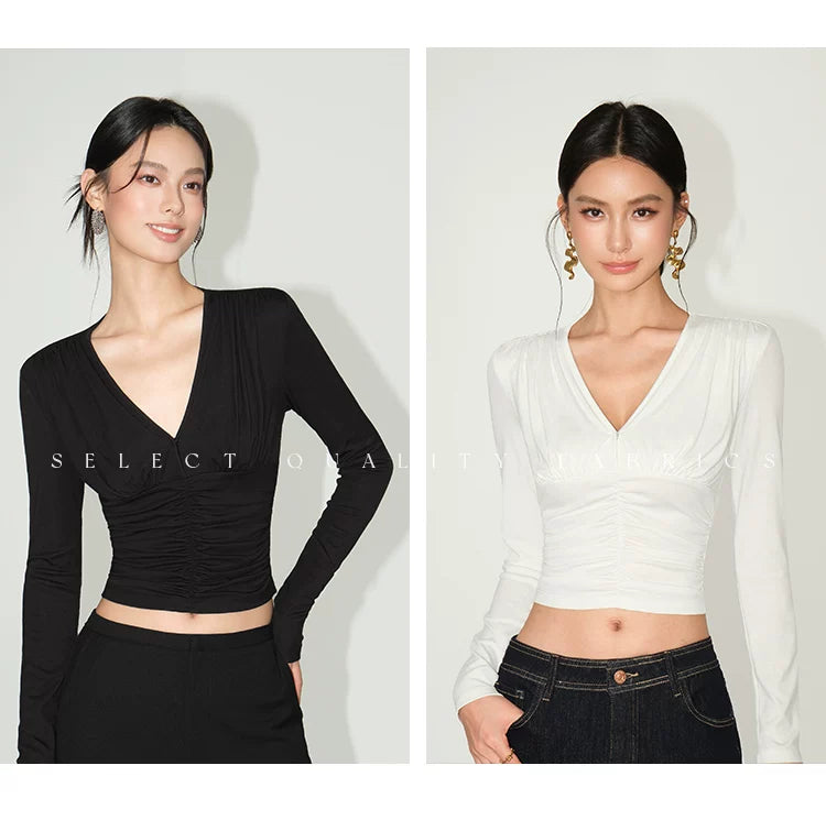 NEVA HU Slim Fit V-Neck Pleated Waist Long Sleeve