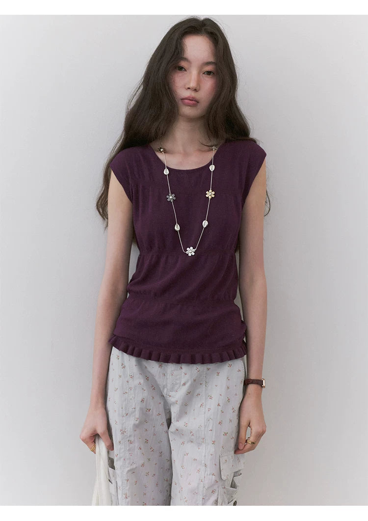 VOOE Round Neck Broken Pleated Knitted Slim and Thin Tee