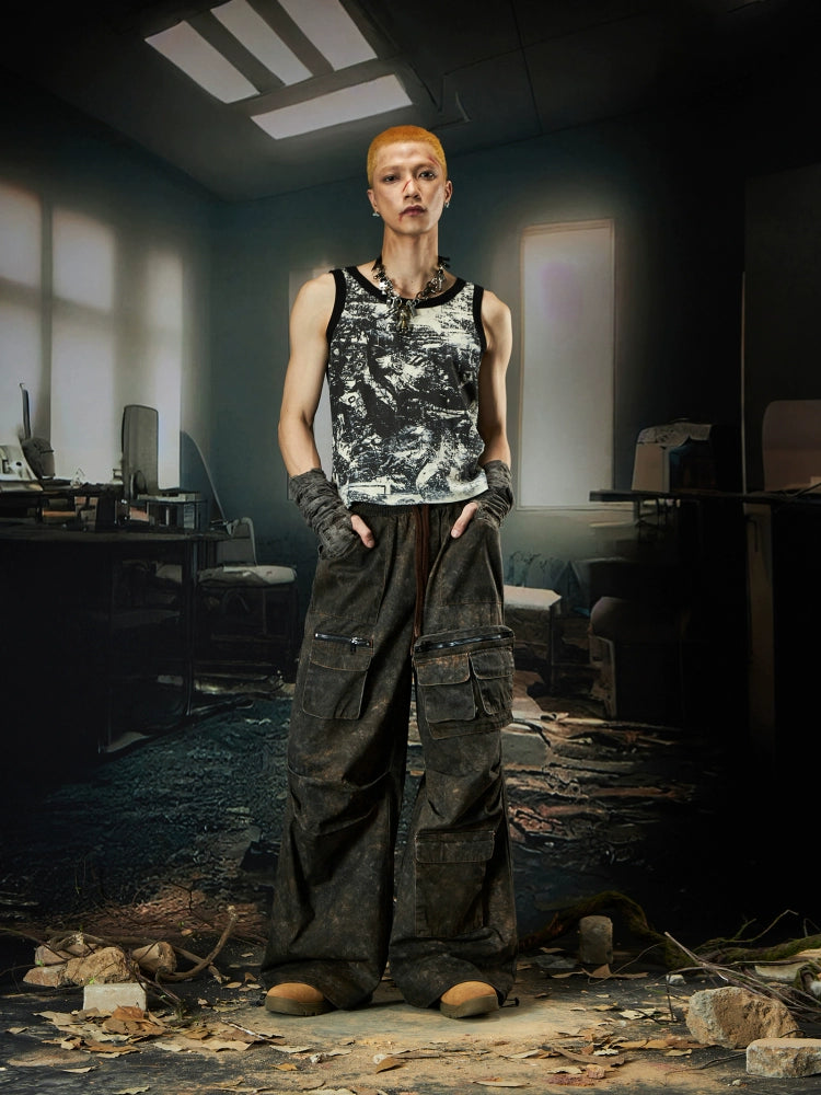 NOMANIAI Dirty Dye Washing Water Multi-pocket Tooling Loose Straight-leg Pants