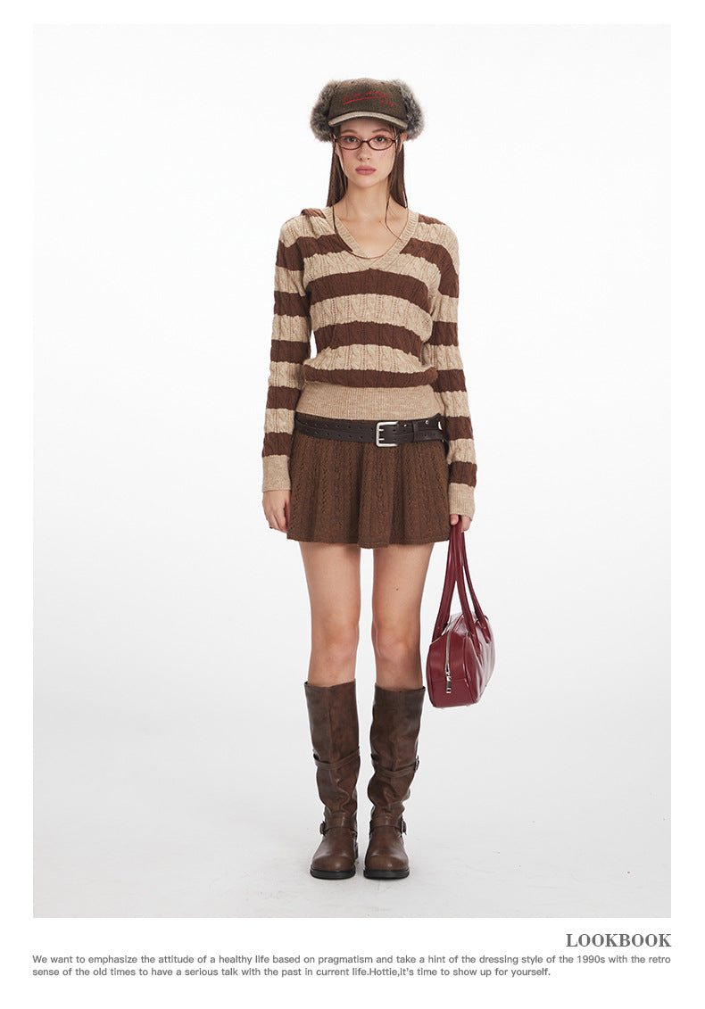 Nariele Striped Hooded V-Neck Long Sleeve Sweater