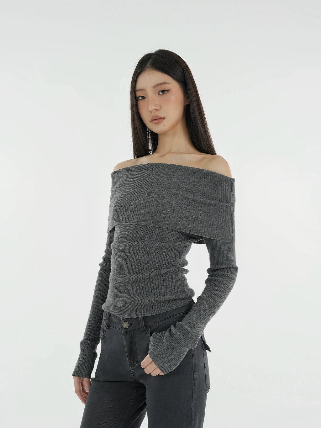 Jim Kennet Shoulder Knit Slim Long Sleeve Bottom Top