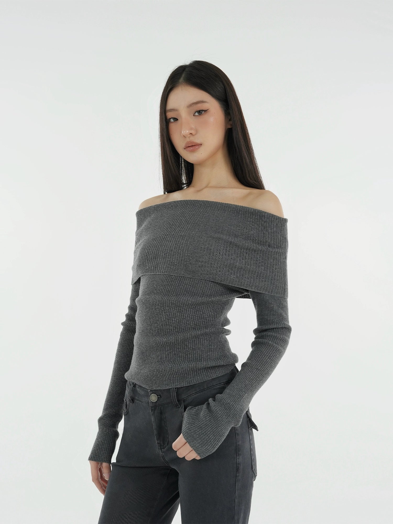 Jim Kennet Shoulder Knit Slim Long Sleeve Bottom Top