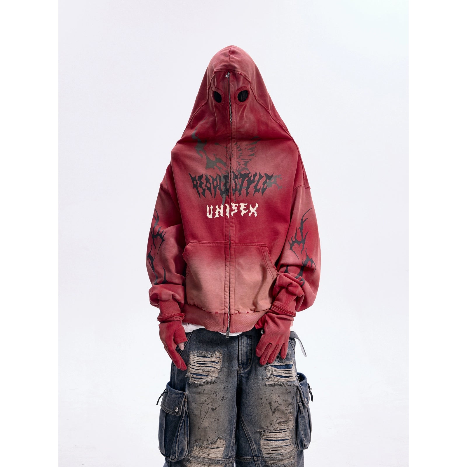 PEOPLESTYLE Dirty Dye Mask Removable Gloves Hooded Sweater