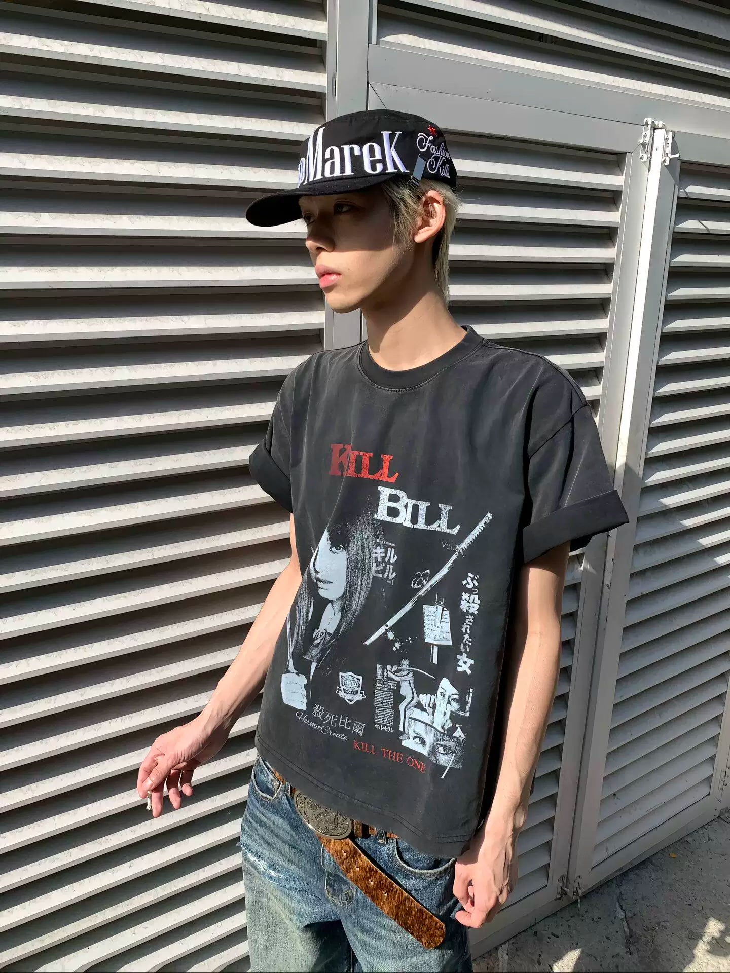 AMBSOM Small Neckline Old Short Wide Tee