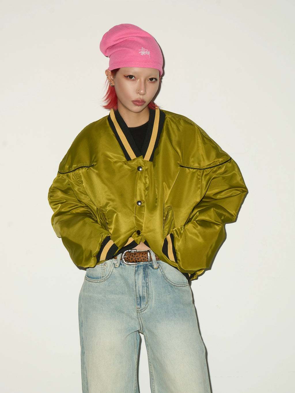 MICHINNYON V Neck Splicing Loose Cotton Jacket