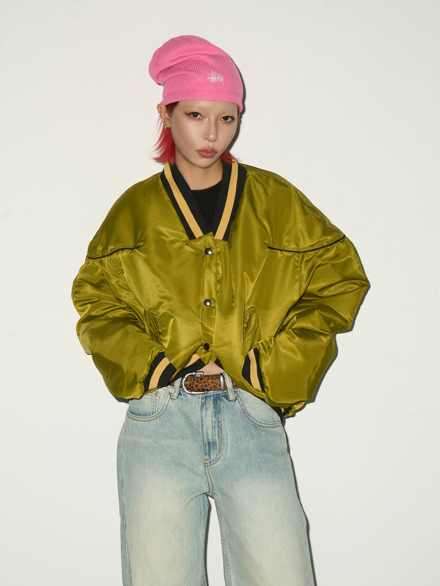 MICHINNYON V Neck Splicing Loose Cotton Jacket