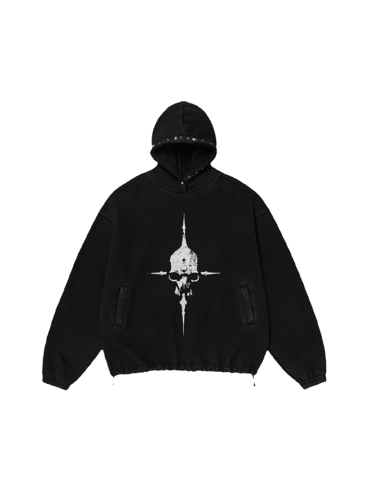 KONOOT Skull Print Washed Rivet Hooded Sweater