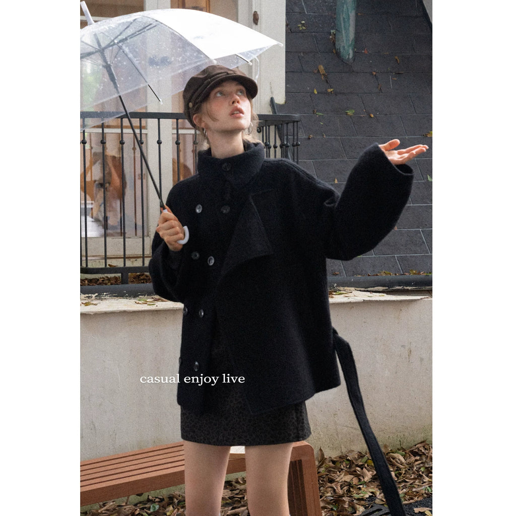 EGGKA Premium Sense Stand-Up Neck Lace-Up Waist Woolen Jacket