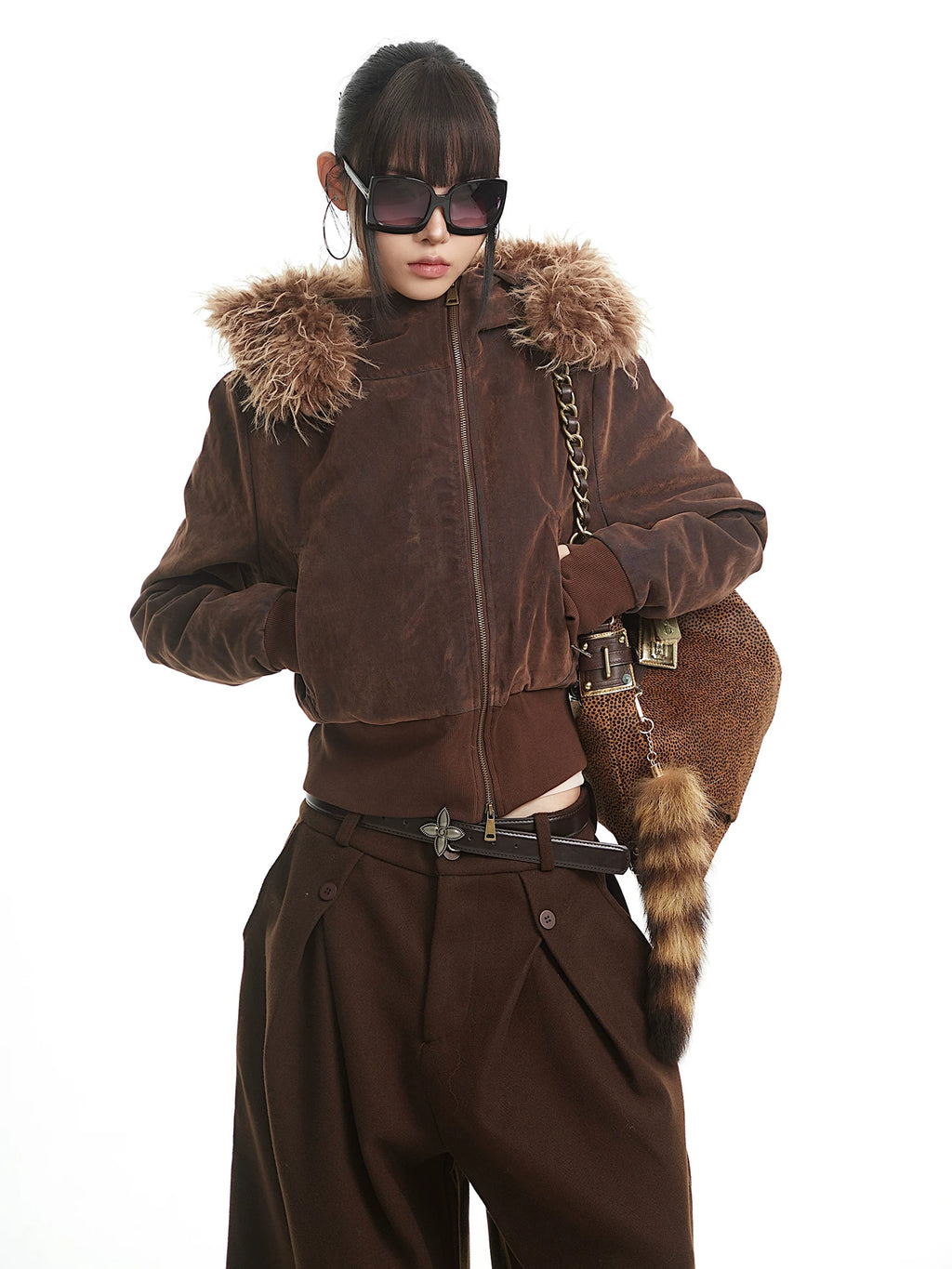 UNCMHISEX Big Fur Collar Hooded Padded Short Jacket