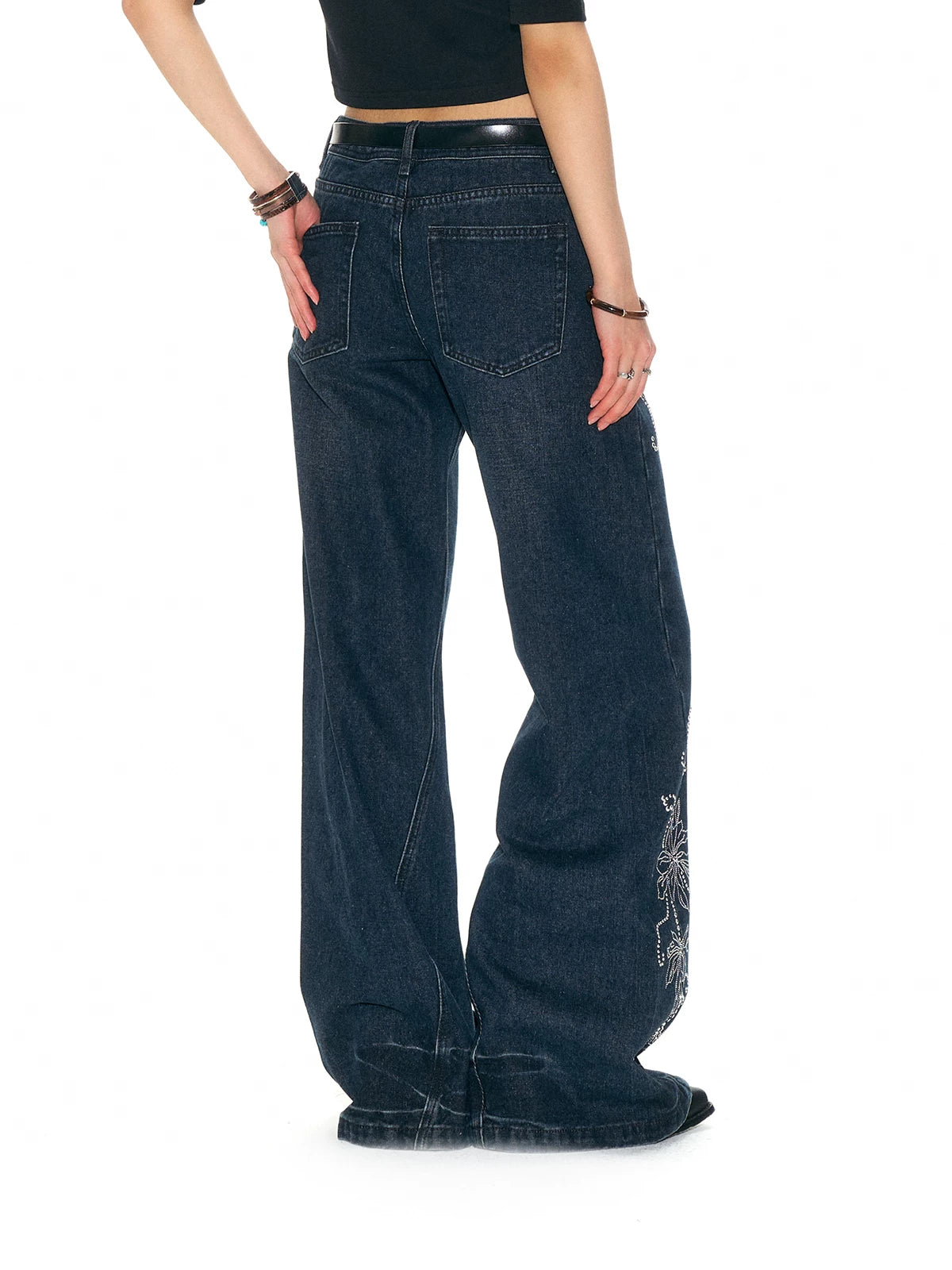 LOUMUTAKU Handmade Hot Diamond Floral Wide Leg Jeans
