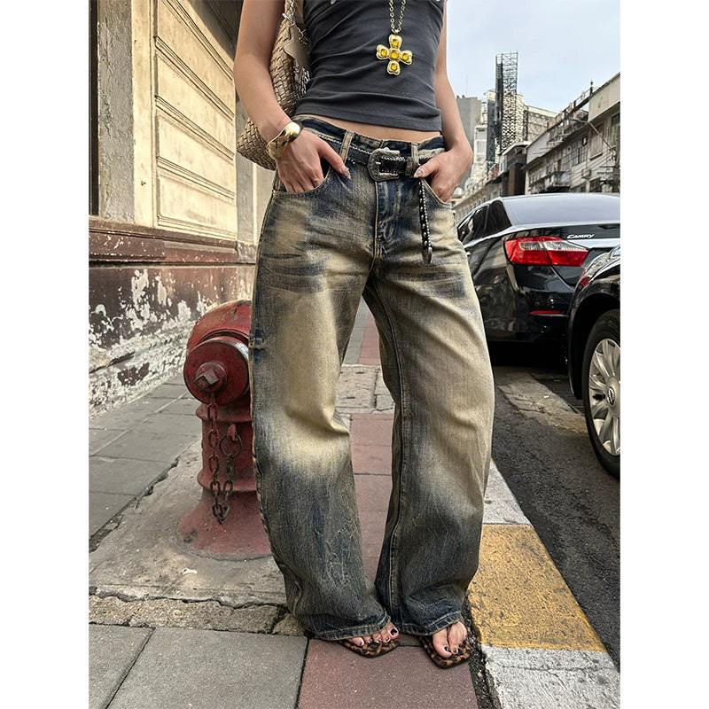 EAHO Retro Old Gradual Change Wide Leg Jeans