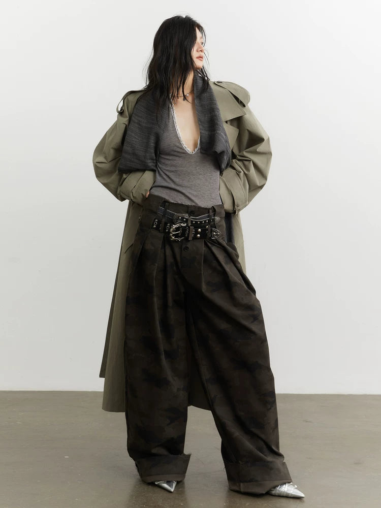JNYLON Minimalist Loose Fake Two-piece Removable Collar Contrasting Color Long Trench Coat