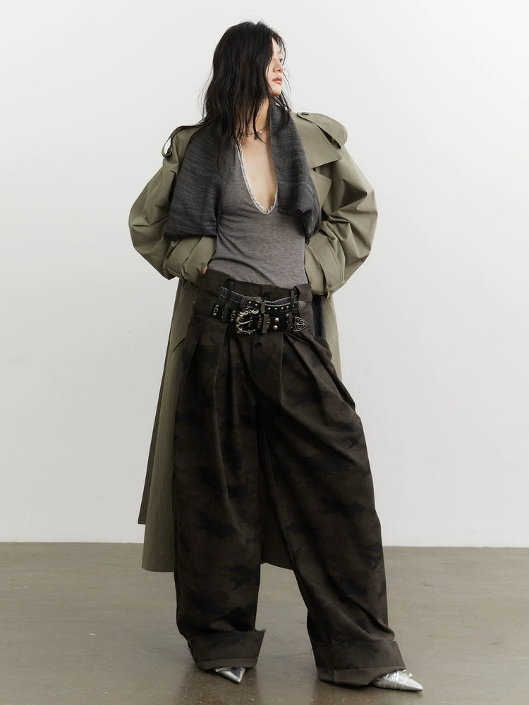 JNYLON Minimalist Loose Fake Two-piece Removable Collar Contrasting Color Long Trench Coat