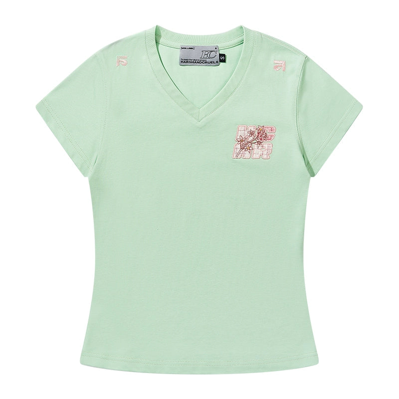 HACR Childlike Elastic Slim V-neck Short-sleeved T-shirt for Women