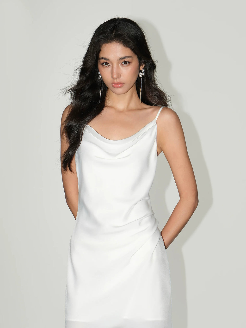 NEVA HU Satin Pinch Pleated Waist Temperament Suspender Skirt