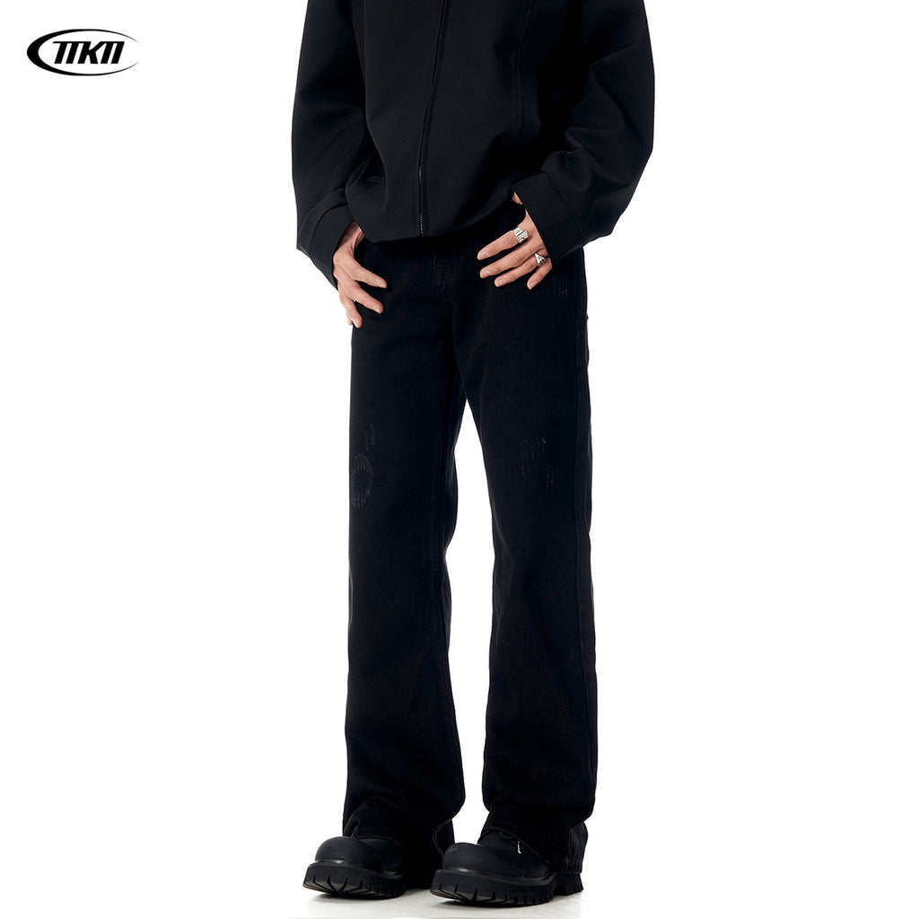 11KN Street Style Distressed Straight Loose Wide-leg Retro Cleanfit Trousers