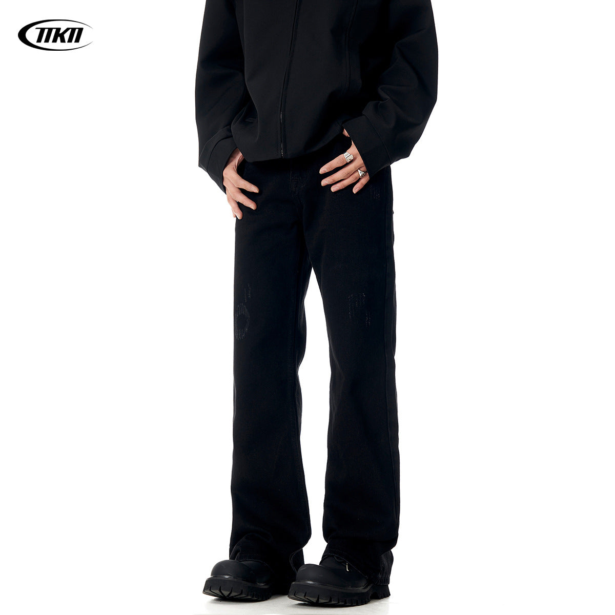 11KN Street Style Distressed Straight Loose Wide-leg Retro Cleanfit Trousers