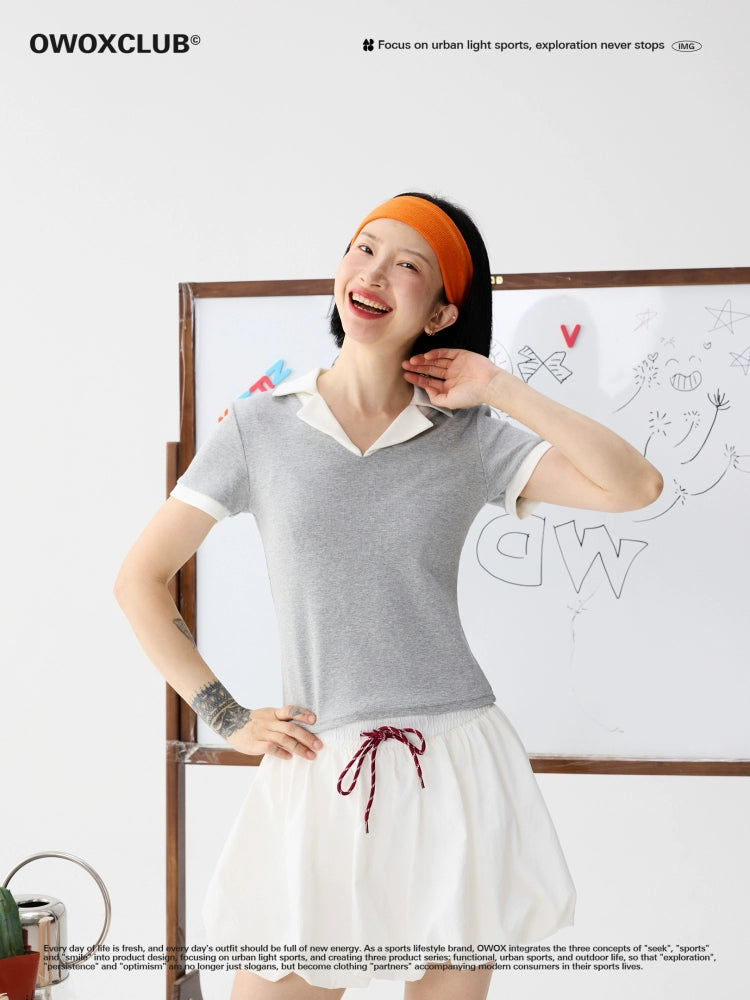 OWOX V-neck Slim and Thin Front Shoulder Contrasting Lapel Tee