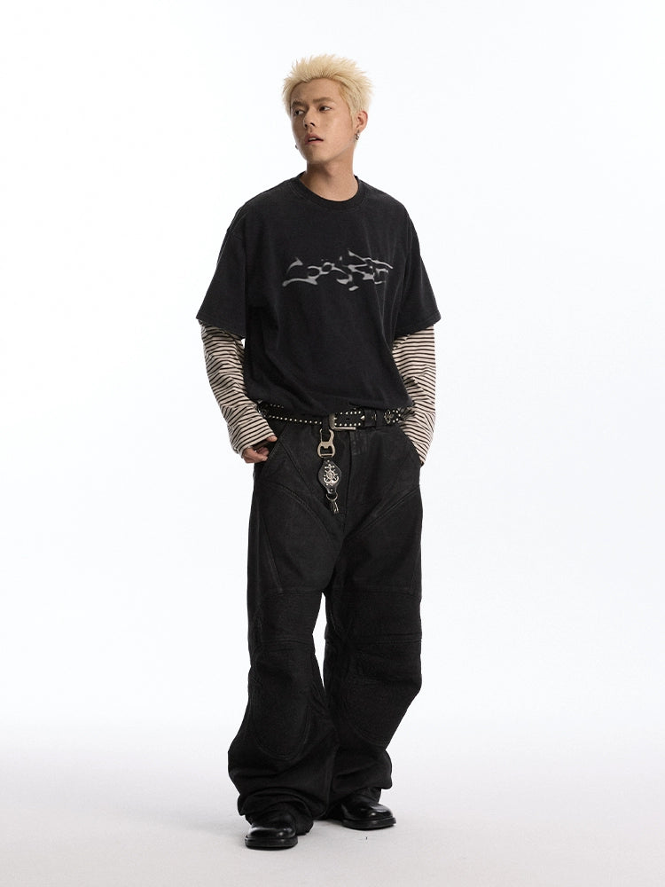 CoosRetro Phantom Print Washed Fake Two-piece Long Sleeve T