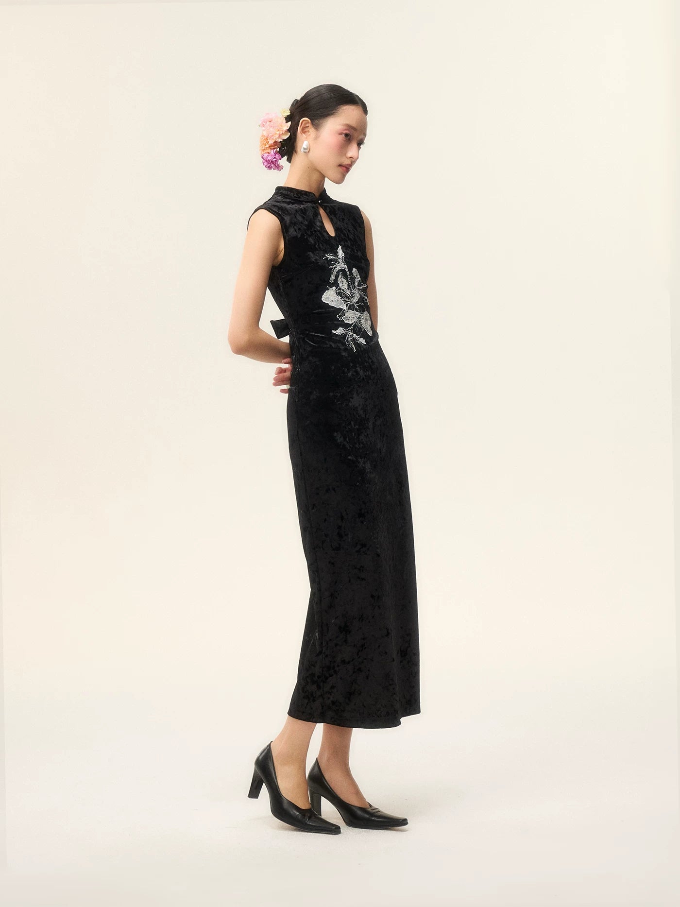 LOUMUTAKU Three-dimensional Lace Embroidered Velvet Cheongsam Dress