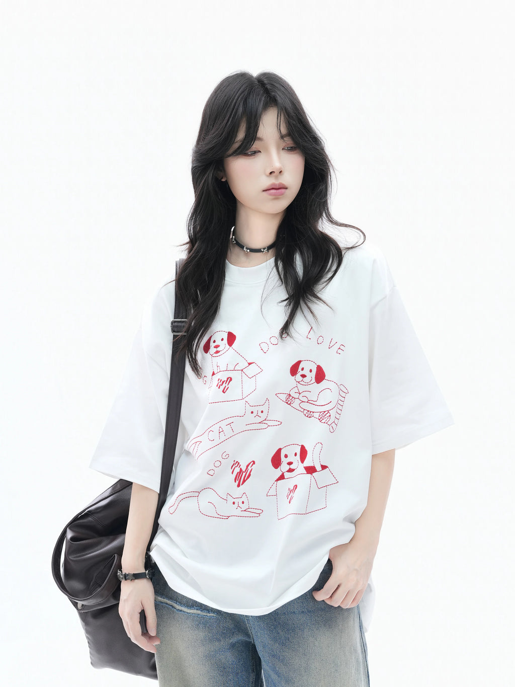 Zuocisankon Lazy Shoulder Fun Cute Cat Embroidery Tee