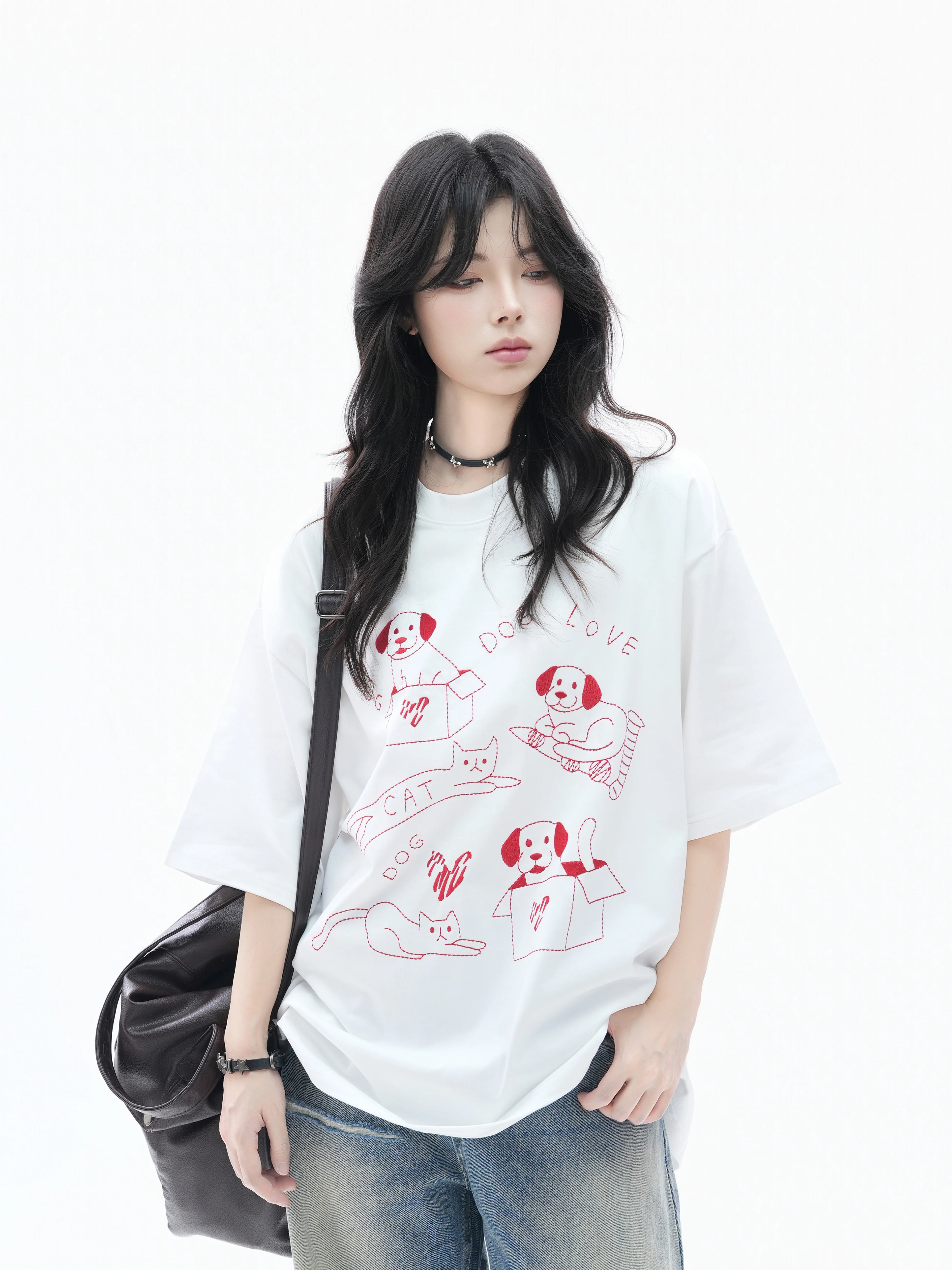 Zuocisankon Lazy Shoulder Fun Cute Cat Embroidery Tee