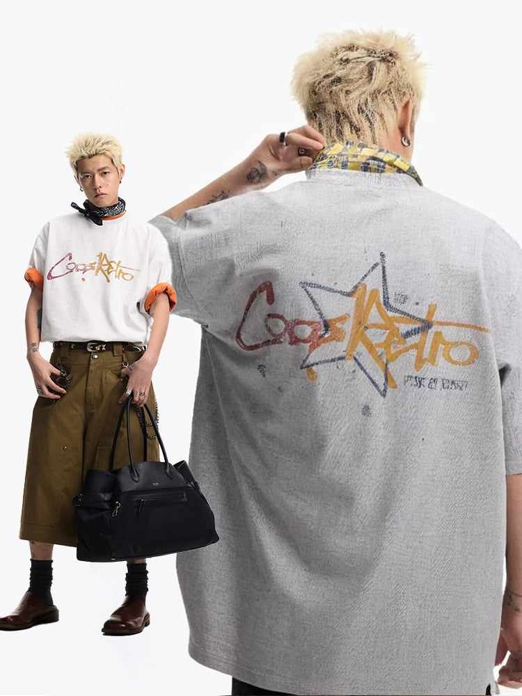 CoosRetro Retro Front and Rear Logo Print Casual Short Sleeve