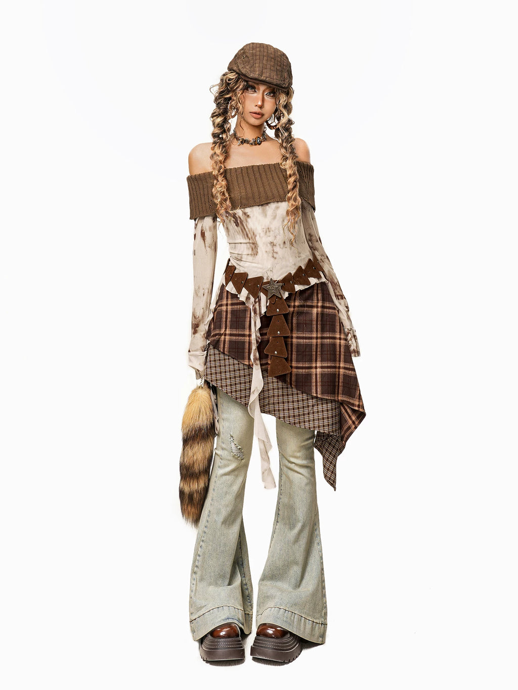 Arielink Retro Tie-dye Mesh Horn Sleeve One-word Shoulder Long Sleeve
