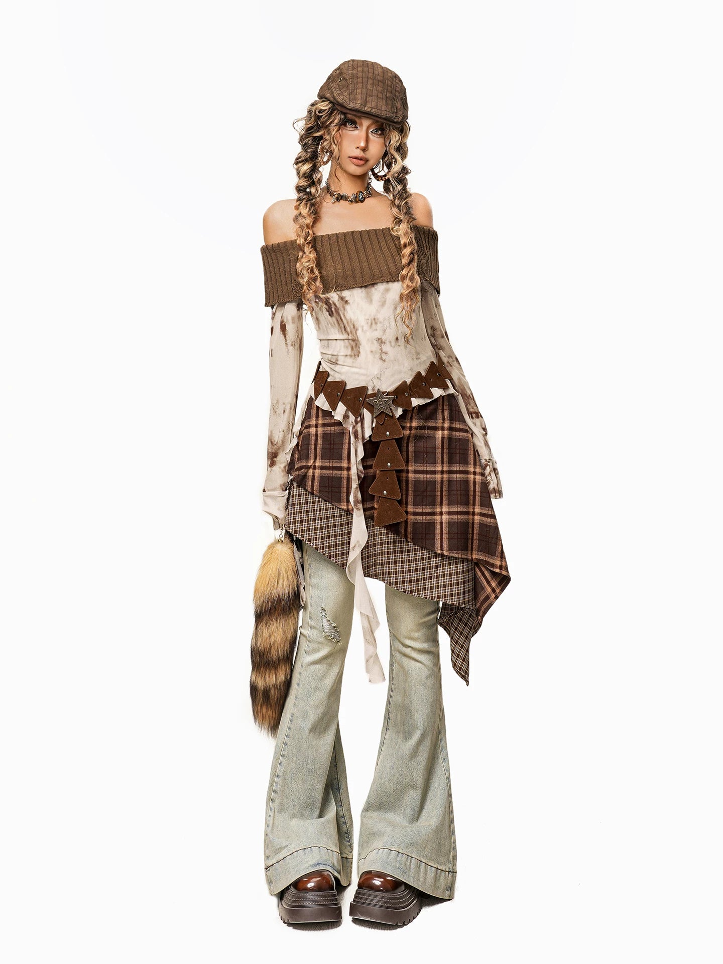Arielink Retro Tie-dye Mesh Horn Sleeve One-word Shoulder Long Sleeve