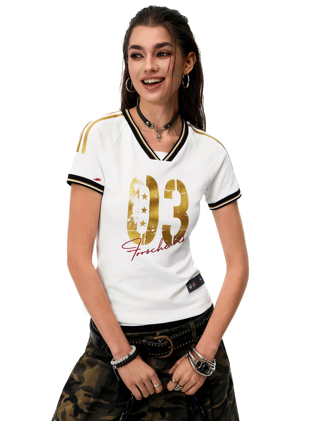 0123Start Contrasting Color V-neck Slim Striped Tee