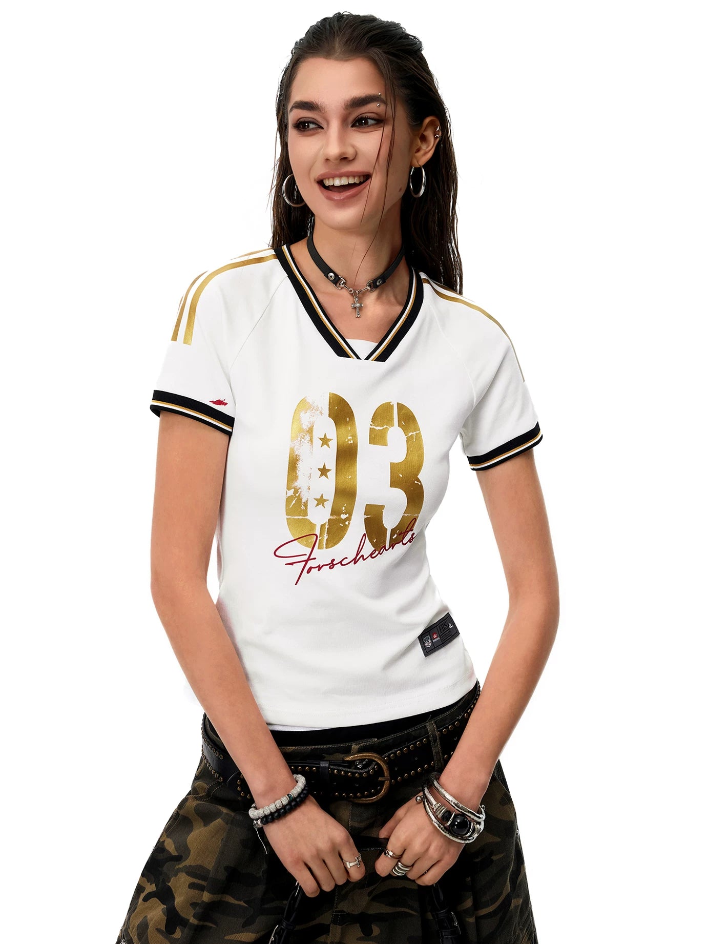 0123Start Contrasting Color V-neck Slim Striped Tee