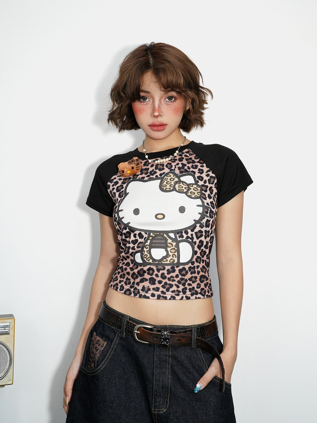 BANGU Vintage Leopard Print Stitching Kitty Cat Print Tee