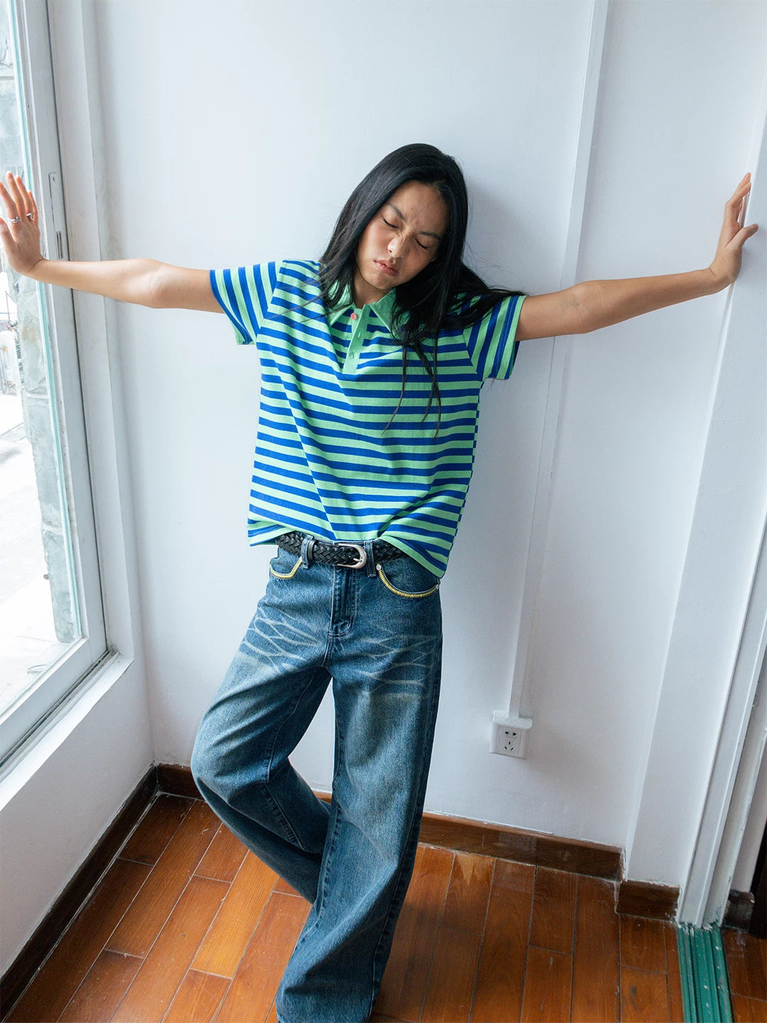 FUNKYFUN Fleece Contrasting Buckle Striped Lapel Polo Shirt