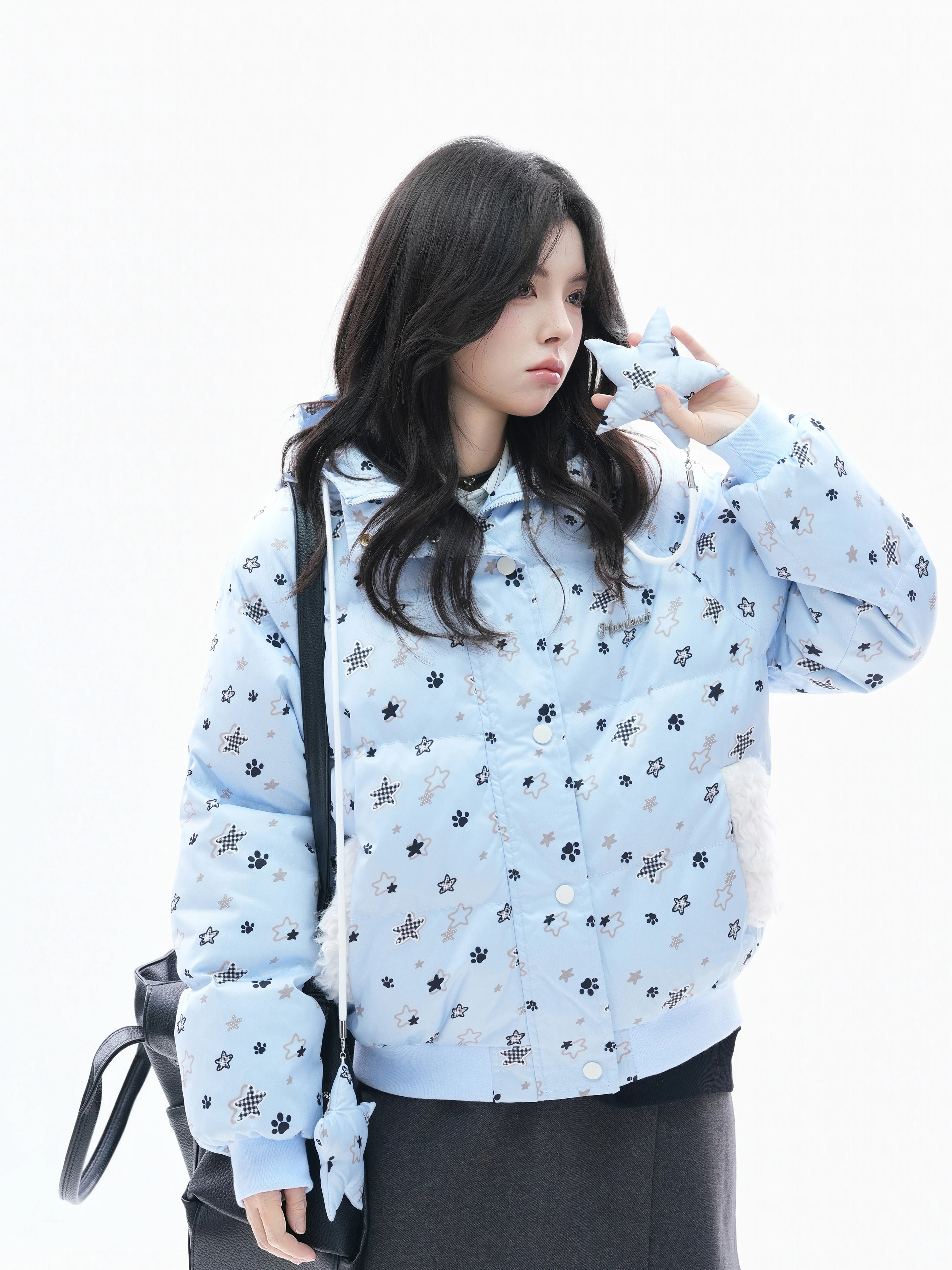 Zuocisankon Star Print Plush Hooded Cotton Coat