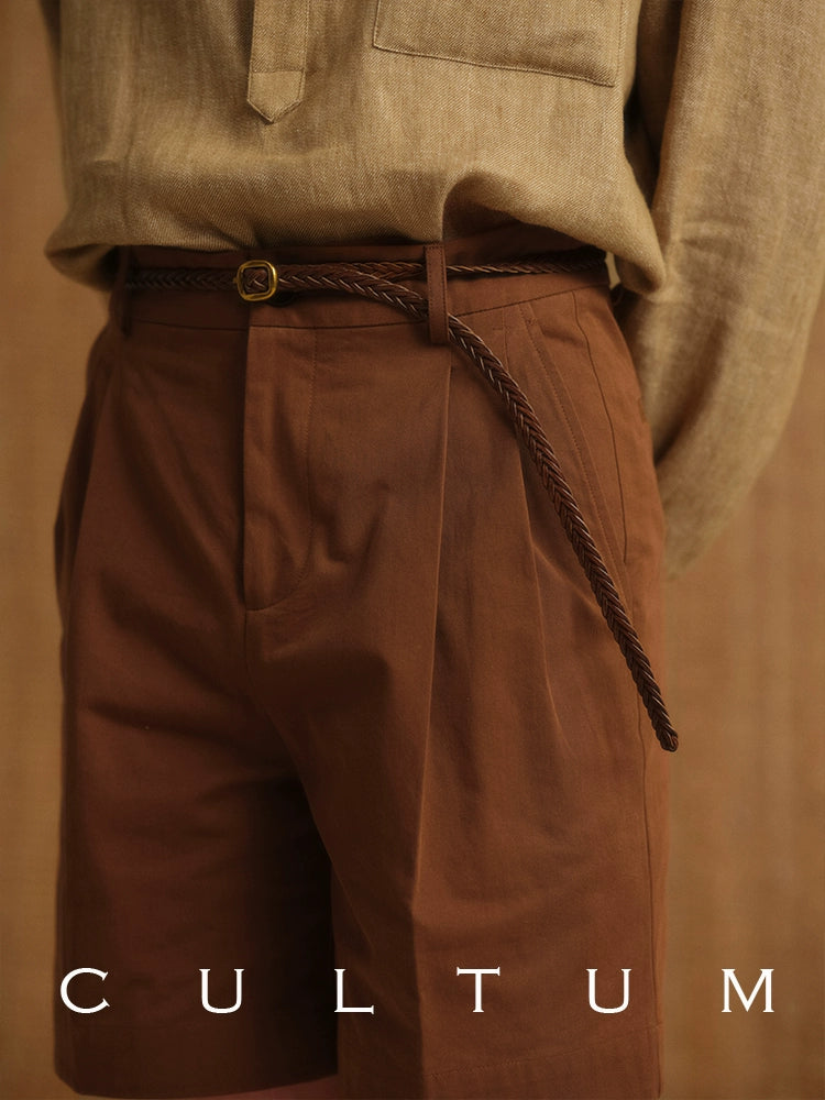 CULTUM Crisp Double-pleated Straight-leg Casual Loose Five-point Pants