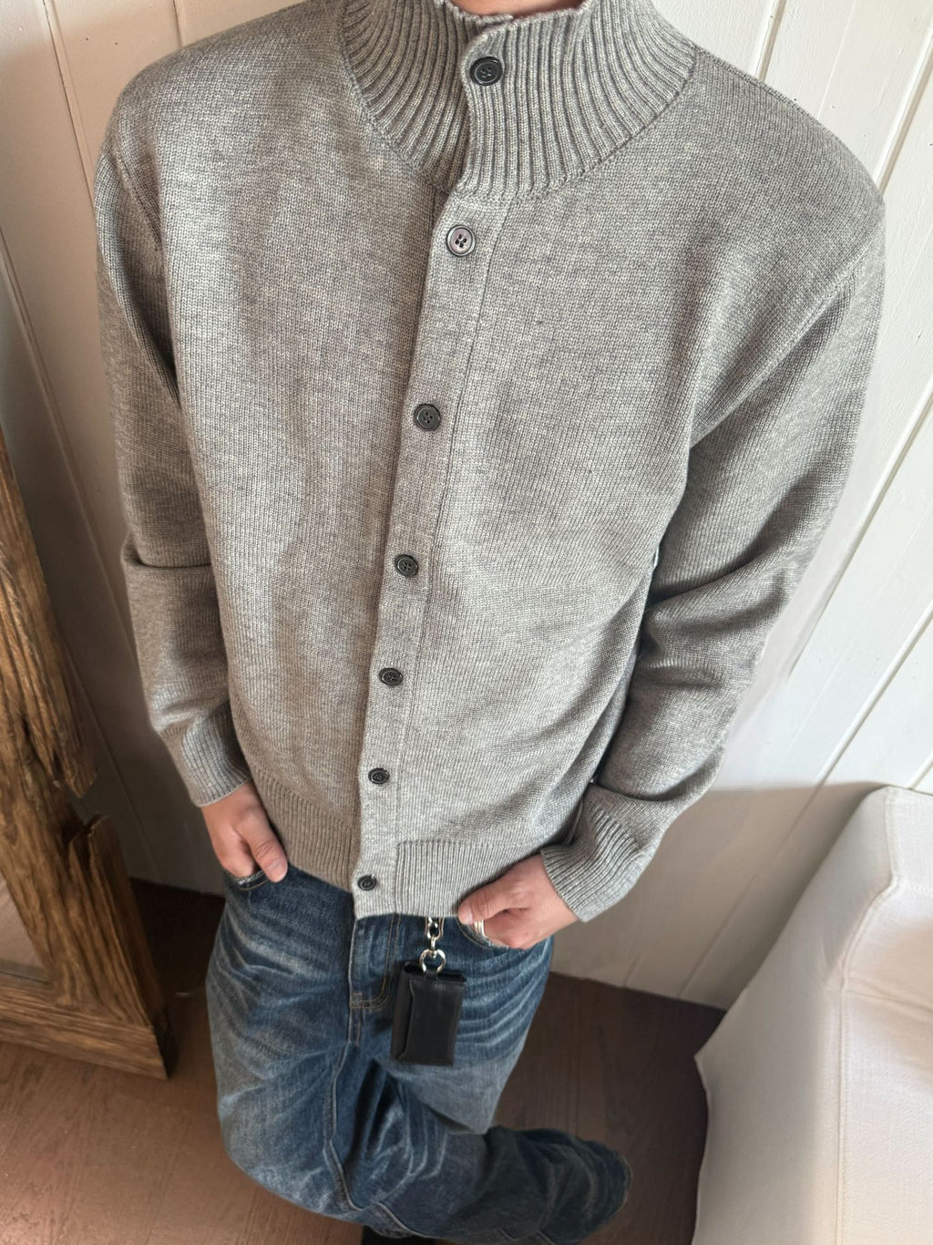 EME Knitted Ribbed Stand-up Neck Cardigan Sweater