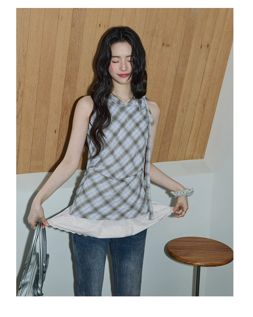 XUJING Lace Stitching Plaid Sleeveless Shirt