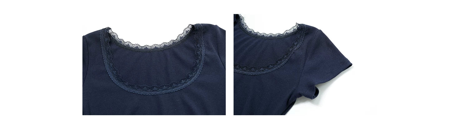 Audwyn Crew Neck Lace Stitching Slim Tee