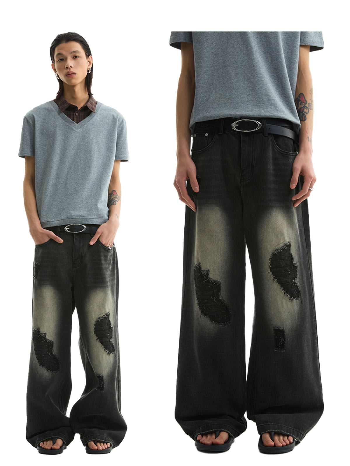 FUNKYFUN Irregular Ripped Patch Straight Jeans