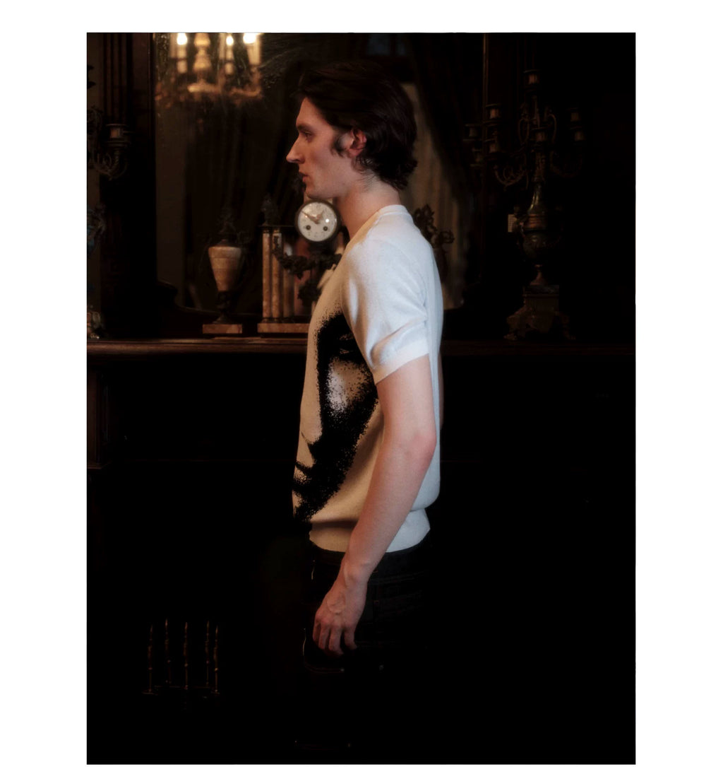 WANNA LAB Face Jacquard Front Shoulder Waist Knitted Tee