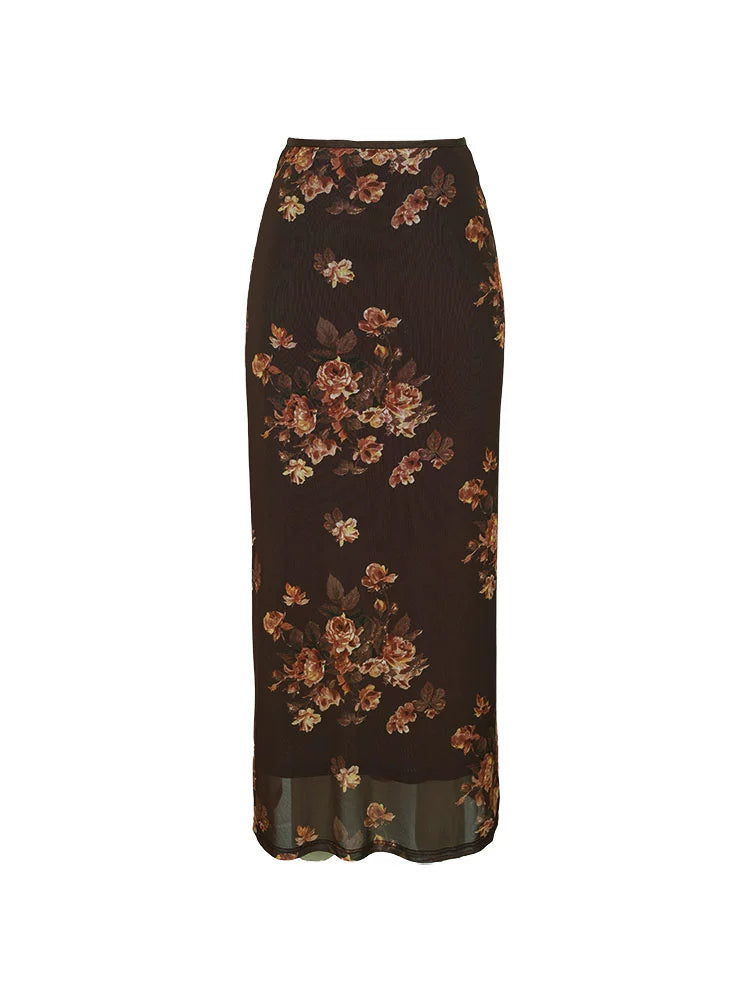 KELIFAN Retro Medieval Mesh Print Skirt