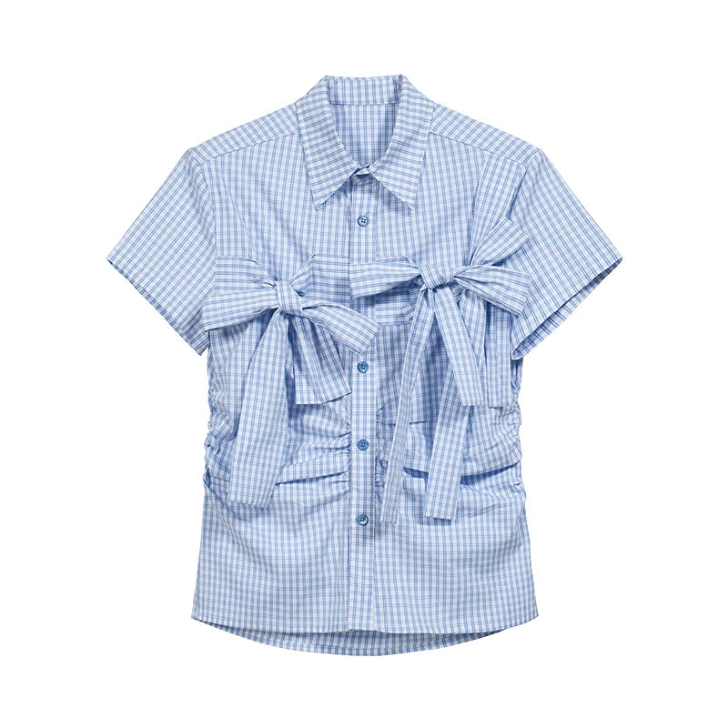 COSTUSTOOT Plaid Waist Slim Short-sleeved Shirt